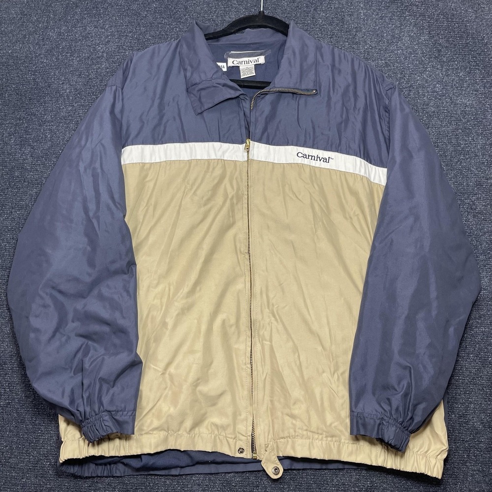 Vintage Carnival Jacket Mens Medium Blue Tan Colorblock Windbreaker Full Zip